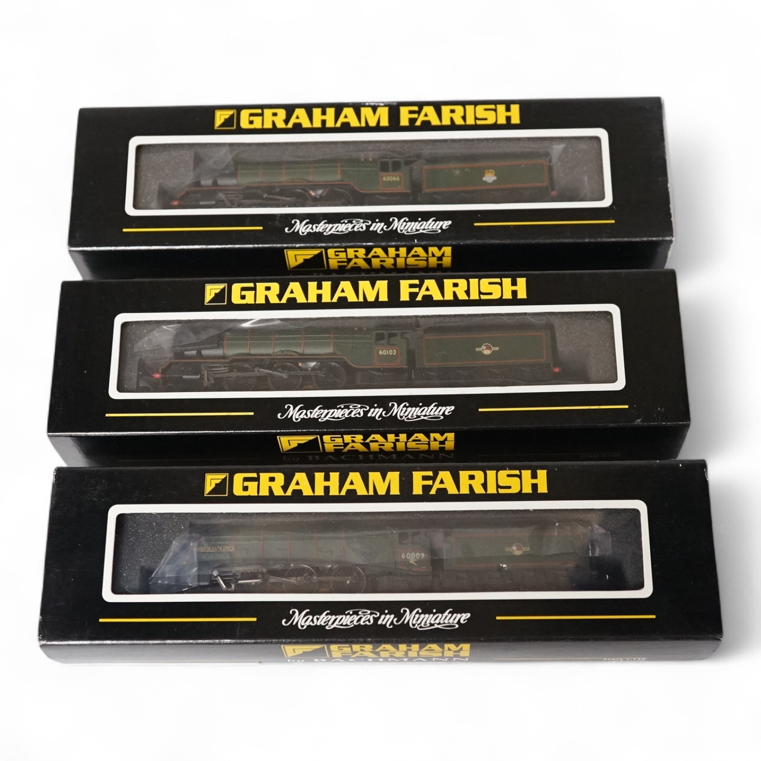 Three boxed Graham Farish N gauge railway BR locomotives; two Class A3, Flying Scotsman 60103 (372-378) and Merry Hampton (372-377), and a Class A4, Union of South Africa 60009 (372-352). Condition - good.